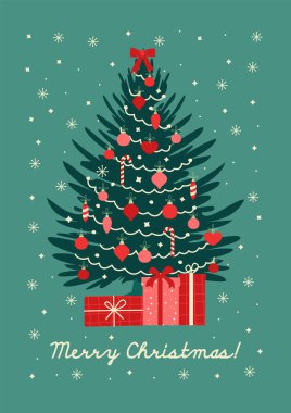 Hediye kutuları, toplar ve çelenklerle süslenmiş Noel ağacı. Yeni yıl ve Mutlu Noeller kartı, poster, ikon. Çizgi film tarzında vektör düz illüstrasyon.