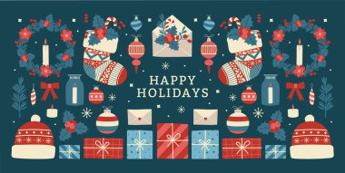 Set of vector creative clip arts with winter, Christmas and new year elements. Illustrations of Xmas wreath, sock, gift, hat, mistletoe, toy, bow, candle, sweet, envelope, pine branch. Winter holiday.