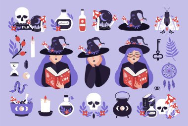 Cadı, kafatası, küre, eski kitap, cadı şapkası, sihirli otlar, bitkiler, iksir gibi sihirli örnekler hazırla. Büyücülük büyülü kırpıntıları. Düz tarzda esrarengiz okült koleksiyonu. Vektör izole ögeler.
