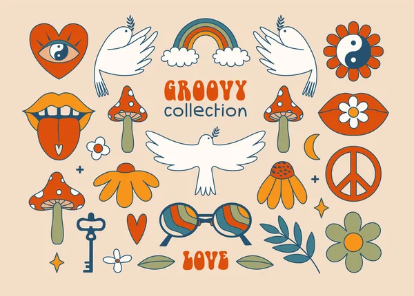 Set Groovy Psychedelic Stickers Hippie Celestial Esoteric Illustrations Flat Design — Stockvektor