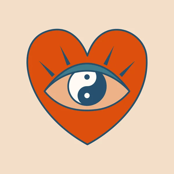 目を開けて心臓の形 陰陽のシンボル レトロでサイケデリックなクリップアート フラットスタイルでヒッピーグルービーイラスト 60年代70年代のカードステッカーマーチタトゥー — ストックベクタ