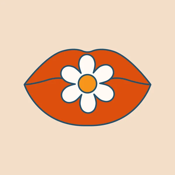 Die Lippen Halten Eine Blume Retro Psychedelische Clip Art Hippie — Stockvektor