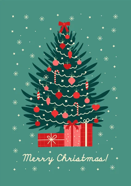 用礼品盒 球和花环装饰圣诞树 新年和圣诞快乐贺卡 卡通风格的矢量平面插图 — 图库矢量图片