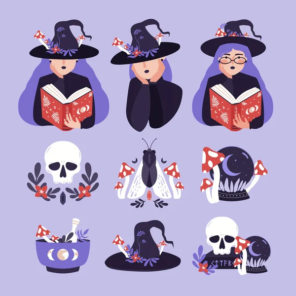 Set Magical Clip Arts Witch Skull Sphere Old Book Witch — 图库矢量图片