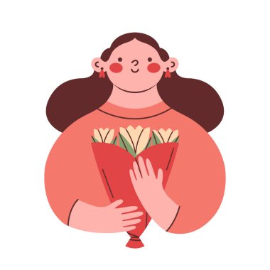 Güzel bir kadınla modern yaratıcı klip sanatı. Sarı lale buketi tutan kişinin düz tasarımı. Modern çıkartma için Anneler Günü kartı..