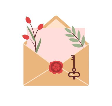 Zarfı ve mektubu açık olan sevimli romantik klipsli sanat eserleri. Posta elementleri, postane, bitkiler, böğürtlenler, anahtar, mühür cilası, kağıt içeren bahar düz çizimi. Metin için yeri olan antika konsept.