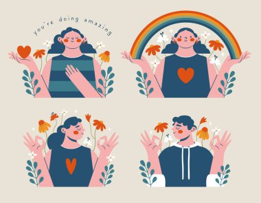 Akıl sağlığı destek konsepti. Kadınlarla güzel klip sanatları seti, adamım, tamam jest, gökkuşağı, mesaj, çiçekler, kalp. Modern pesonlar, gökkuşağını tutuyorlar ve en iyi performansı sergiliyorlar. Psikolojik sağlık desteği.