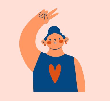 Genç ve güzel bir bayanın el çizimi zafer işaretini elle gösteriyor. V harfli komik kız. Vücut pozitifliği, kendini sevme, akıl sağlığı destek konsepti. Etiket ve kart için vektör klip sanatı