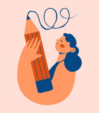 Çizim, yazı, tasarım, blog, çalışma konsepti. Büyük kalemi olan sevimli kadınlar. Elinde kalem tutan genç biri. Çizgi film karakteri düz stil. El çizimi illüstrasyon.