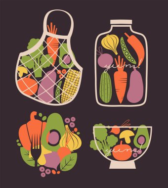Sebzeli, dutlu, çatallı, kavanozlu, eko torbalı, düz tabaklı çizimler. Paprika, avokado, domates, turp, bezelye, soğan, vejetaryen kafe için sarımsak, restorasyon, menü....
