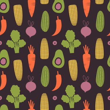 Avokado, havuç ve pancar çizimleriyle sebzesiz desen. Vejetaryen menüsü, vejetaryen ürünleri, ambalaj kağıdı, kumaş, duvar kâğıdı, ambalaj için sebze içeren basit sağlıklı gıda geçmişi..