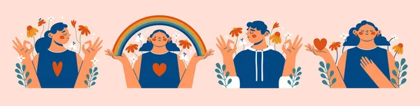 世界精神健康日 精神健康支助概念 一组可爱的剪贴画与女人 还好的姿态 谁抱着彩虹 显示出最好的 平面风格 — 图库矢量图片