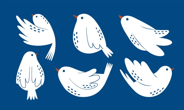 Set Schattige Witte Vogeltjes Verschillende Poses Klem Kunsten Met Vliegen — Stockvector