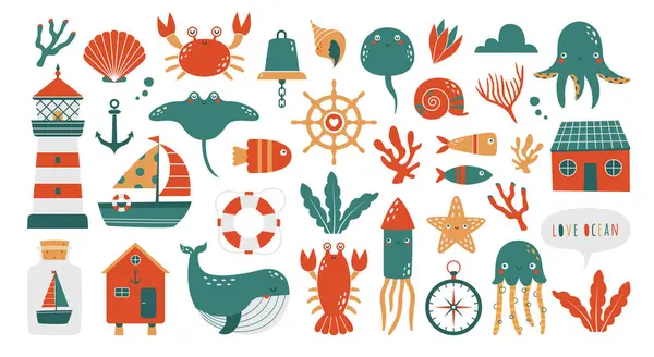 Collection Childish Fancy Illustration Sea Ocean Animals Whale Crab Fish — Stock Vector