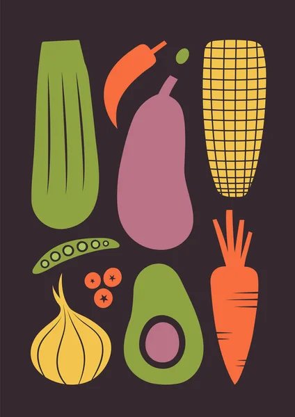 Ilustracja Wektorowa Warzywami Awokado Bakłażan Cebula Marchewka Jagoda Groszek Cukinia — Wektor stockowy