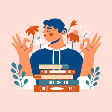 Kitap aşığı. Kapüşonlu kitaplarla dolu genç bir adam el hareketleriyle iyi niyet gösteriyor. Çizgi filmdeki yakışıklı çocukla resim, gözleri kapalı bir öğrenci. Eğitim aşkı, edebiyat okumak. Modern resimleme.