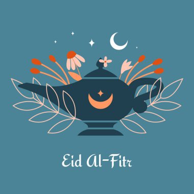 Doğulu gaz lambası, çiçekler, bitkiler, böğürtlen, ay, yıldızlar olan vektör kare pankartı. Müslüman nesneleri ve elementlerle hoş bir illüstrasyon. Moda boho tarzında trans klip sanatı.