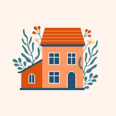 Cottagecore mimarisi. Köy binası, bitkilerle dolu ev, yapraklar, böğürtlen. Yavaş bir hayat, çiftlikte hayat. Elinde düz çizilmiş şirin vektör renkli bina. Seyahat, tatil konsepti..