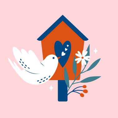 Kuş yuvası, sığırcık yuvası, beyaz kuş, çiçek, böğürtlen, yapraklar, kalp ile bahar resimleri. Mutlu ilkbahar anları. Sevgililer Günü için karikatür sanatı.