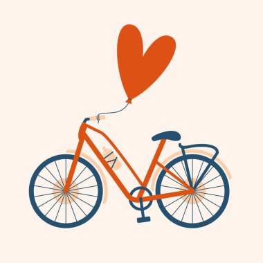 Kalp şeklinde balonu olan şirin bir bisiklet çizimi. Ulaşım, araç, kart için bisiklet, pankart, etiket, simge ile karikatür sanatı. Sevgililer Günü.