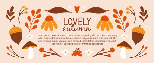 秋の葉 コーン キノコ 星の平らでかわいいイラストのバナーテンプレートデザイン オートマチックフレーム 花のカバー 植物要素 こんにちは秋コンセプト — ストックベクタ
