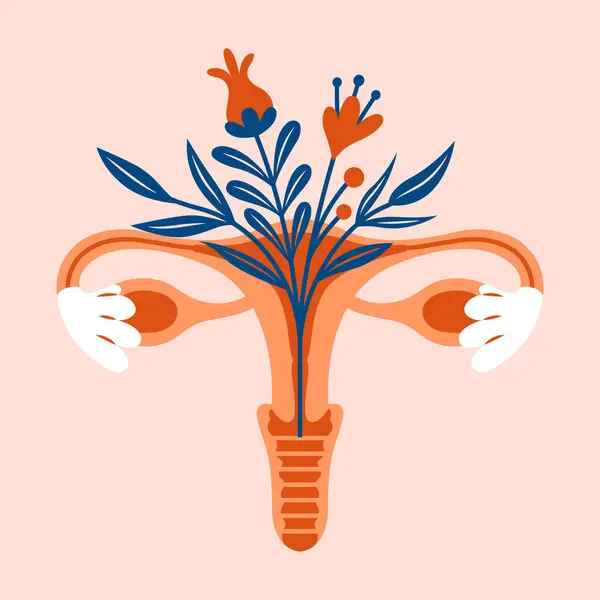 Gezonde Vrouwelijke Voortplantingssysteem Met Bloemen Achtergrond Vrouwelijke Anatomie Vector Illustratie — Stockvector