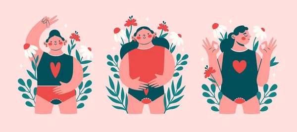 月经期间的妇女 快乐的女人 年轻的女士在内衣与月经 包围的植物 爱我的时间 有关妇女权力 健康生活方式的现代剪贴画 — 图库矢量图片