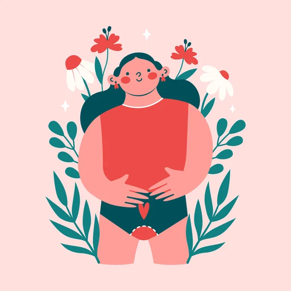 Vrouw Tijdens Menstruatie Staan Slipje Houden Buik Omgeven Planten Bloemen — Stockvector