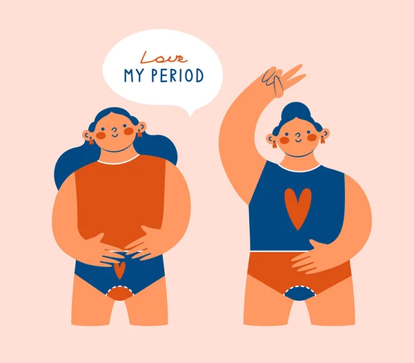 Mujeres Durante Menstruación Sosteniendo Sus Barrigas Encantan Mis Períodos Ilustraciones — Archivo Imágenes Vectoriales