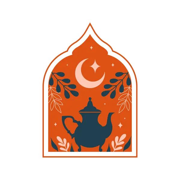 Window Arch Oriental Islamic Style Cute Illustration Teapot Crescent Plants — Stock Vector