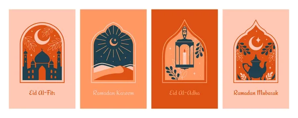 Set Islamic Oriental Templates Banners Greeting Cards Cute Illustrations Mosque — Stock Vector