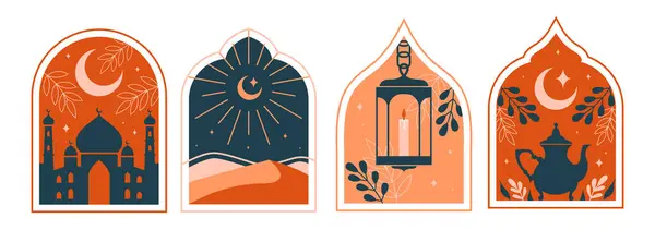 Collection Windows Arches Oriental Islamic Style Cute Illustrations Mosque Dome — Stock Vector