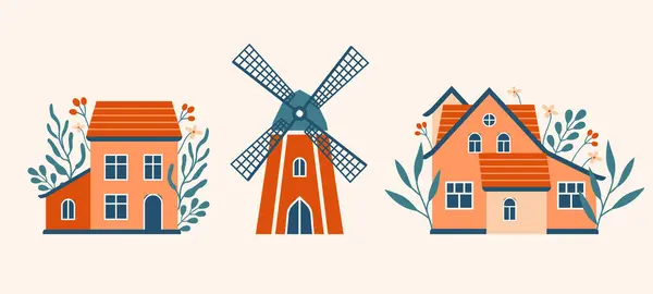 Reihe Von Dorfgebäuden Häusern Windmühlen Cottagecore Arhitecture Langsames Leben Leben — Stockvektor