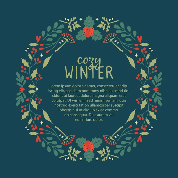 Wesołych Świąt Szablon Sztandaru Noworocznego Elementami Botanicznymi Roślinami Zimowymi Typografią — Wektor stockowy