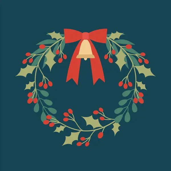 Χριστουγεννιάτικο Στεφάνι Χειμώνα Φιόγκο Καμπάνα Μουριά Φυτά Μούρα Φύλλα Κορδέλα — Διανυσματικό Αρχείο