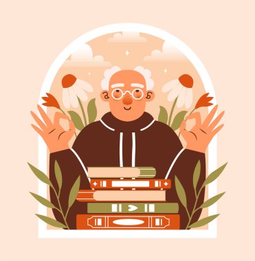 Mutlu emeklilik. Toy bir illüstrasyon, gözlüklü yaşlı bir adam ve bir yığın kitap, kim tamam el hareketi gösteriyor. Pencere çerçeveli çizgi film rozeti. Büyükbaba karakterinin şirin bir çizimi..