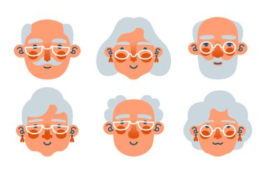Yaşlı insanların karikatür çizimleri. Çeşitli kıdemli karakterlerin izole vektör çizimi. Farklı duyguları olan yaşlı kadın ve erkeklerin sevimli avatarları. Büyükbabam ve büyükannem.