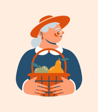 gözlüklü, şapkalı, meyve, elma ve armut dolu çizgi film yaşlı kadın. Büyükanne karakterinin vektör çizimi. Emekli olup çiftlikte yaşayan tatlı yaşlı bayan. Hasat zamanı