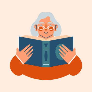 gözlüklü yaşlı kadın çizgi roman okuyor. Büyükanne karakterinin vektör çizimi. Emekliliğindeki tatlı yaşlı bayan açık bir kitap tutuyor. Kitap Sevgisi Konsepti. Mutlu emeklilik.