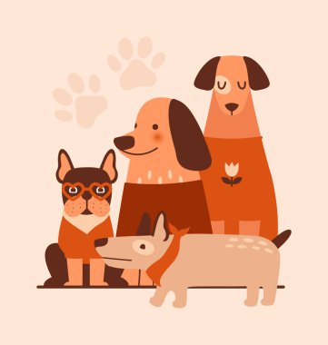 Bir grup farklı şirin köpek yan yana oturuyor. Çeşitli mutlu köpek yavrularıyla saf vektör çizimi. Kazaklı evcil hayvan karakterleri. Web afişi, kart, broşür için. Düz Biçim.