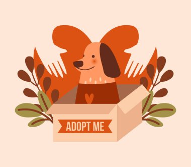 Evsiz şirin köpek kutuda oturuyor. Köpeği evlat edinin. Köpek, kalp şekli, insan eli, yaprakları, bitkileri olan saf bir vektör çizimi. Çıkartma, kart, köpek barınağı pankartı için karikatür sanatı. Düz biçim.