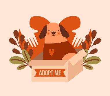 Evsiz komik köpek kutuda oturuyor. Köpeği evlat edinin. Köpek, kalp şekli, insan eli, yapraklar, bitkiler olan saf bir illüstrasyon. Çıkartma, kart, köpek barınağı pankartı için karikatür sanatı. Düz biçim.