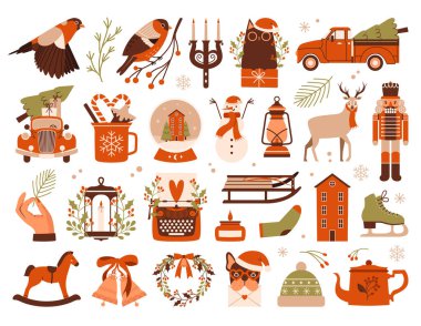 Christmas collection of cute cliparts. New Year tree, red vintage car. Cosy cup with candy canes. Bullfinch sitting on branch. Illustrations of nutcracker, deer, skates, house, wreath, typewriter. clipart