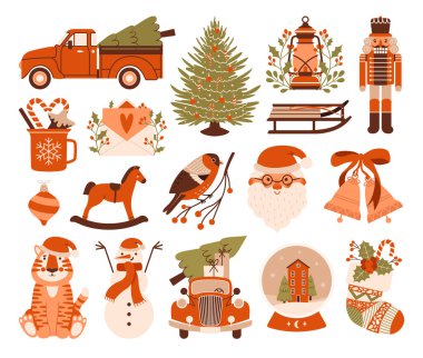 Merry Christmas. Happy New Year. Big collection of cosy cliparts. Pickup truck with fir tree, nutcracker, santa, snow globe, tiger, bullfinch, rocking horse, bell, vintage car, snowman, holly berries. clipart