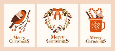 Bir sürü Noel tebrik kartı ve dalda asgari düzeyde ispinoz resmi var. Kış bitkilerinden Noel çelengi, kutsal meyveler, bastonlu sıcak içecek ve zencefilli ekmek..