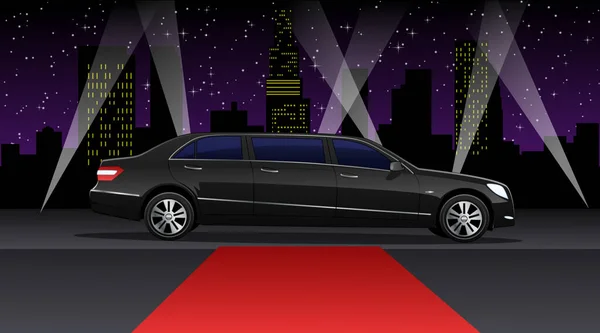 Stock vector Movie Stars Background Scene with Red Carpet, Limo and Lights and a City Skyline. Vector Illustration