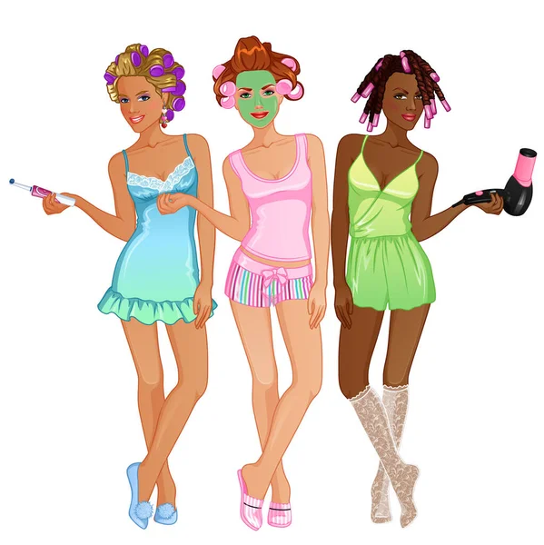 Ensemble Caractères Féminins Pyjama Party Illustration Vectorielle — Image vectorielle