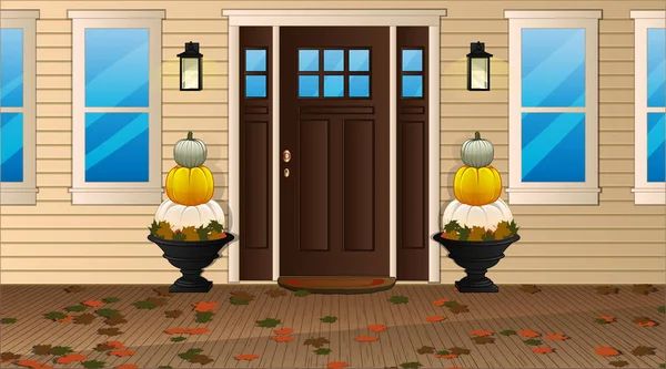2015 Thanksgiving Background Scene Front Door Decorated Pumpkins Autumn Leaves — 스톡 벡터