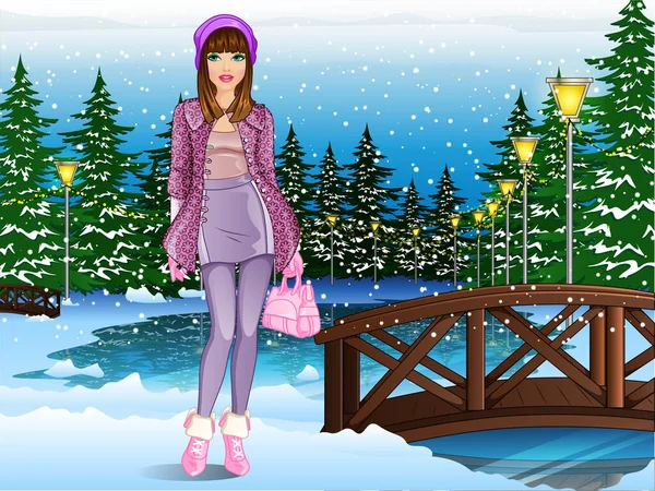 Winter Outfit Female Character Frozen Landscape Background Scene Vector Illustration — Stock Vector