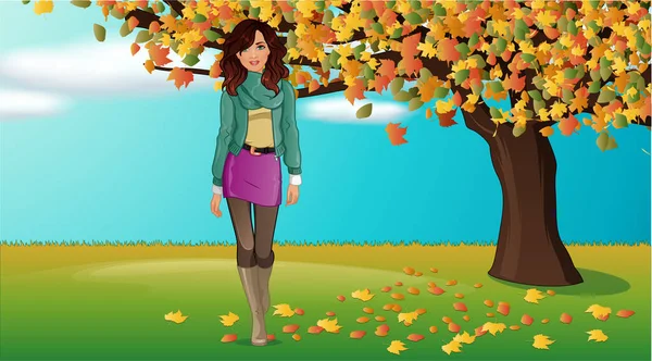 Autumn Leaves Fashion Female Character Outdoor Fall Background Scene Vector — Stock Vector
